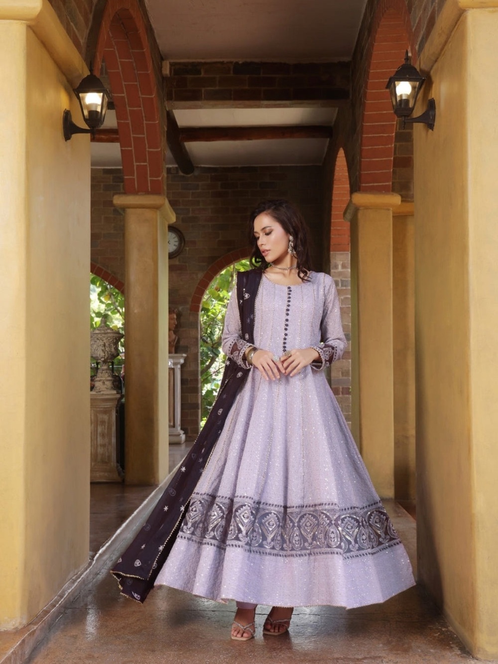 Elegant Lavender Embroidered Anarkali Dress with Contrasting Dupatta